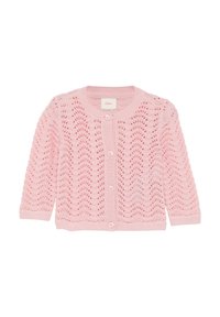 Lichtroze gebreide cardigan met een golvenpatroon, ronde halslijn, knoopsluiting en lange mouwen met geribbelde manchetten.