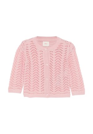 Lichtroze gebreide cardigan met een golvenpatroon, ronde halslijn, knoopsluiting en lange mouwen met geribbelde manchetten.