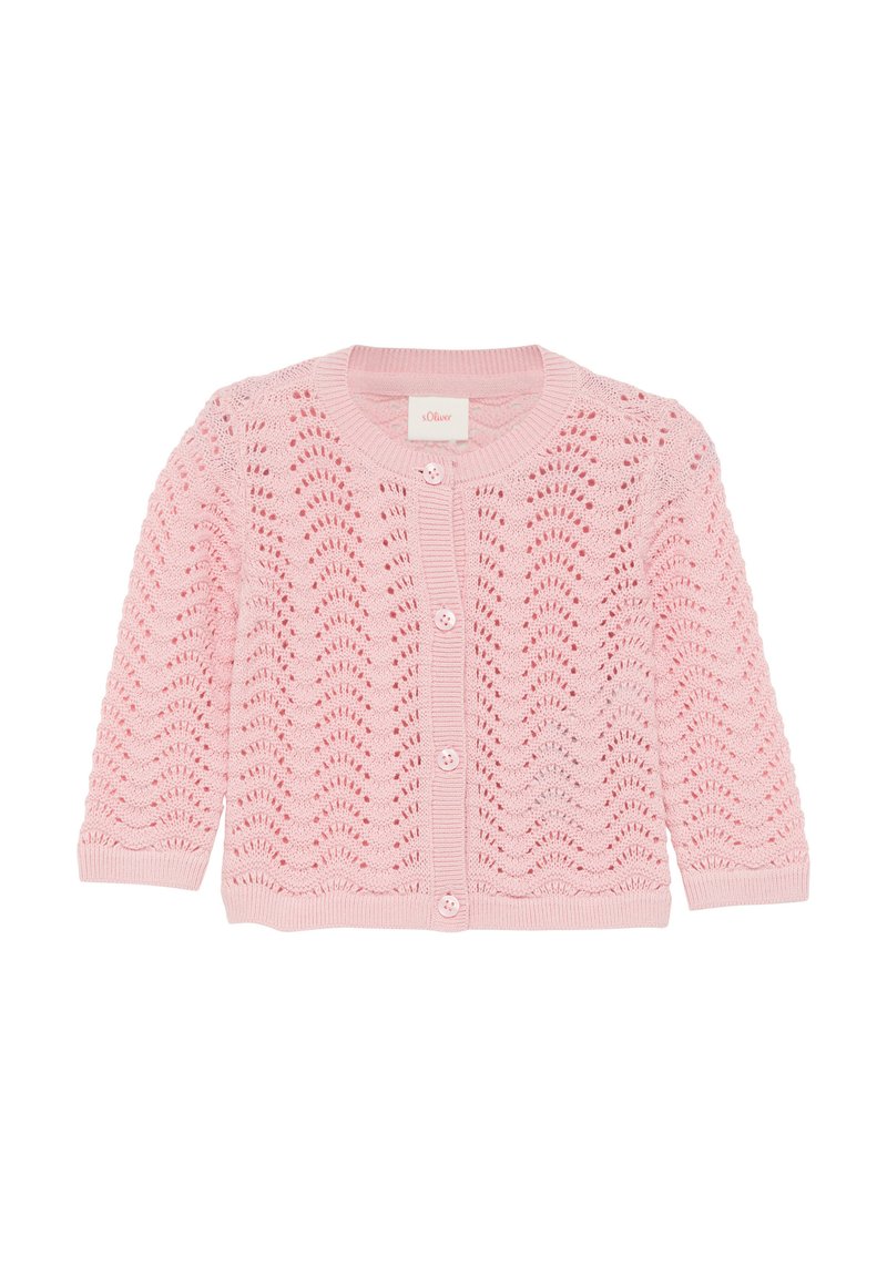 Lichtroze gebreide cardigan met een golvenpatroon, ronde halslijn, knoopsluiting en lange mouwen met geribbelde manchetten.