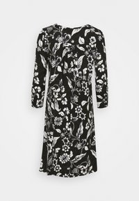 Robe noire à manches longues avec un motif floral et de feuilles blanches, détail plissé à l'encolure et ourlet longueur genou.