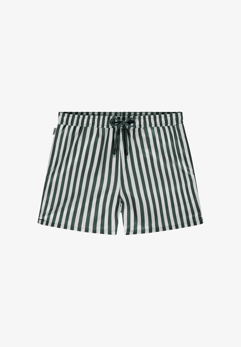 Short de bain pour hommes avec des rayures verticales noires et blanches et un cordon noir à la ceinture élastique sur fond blanc.