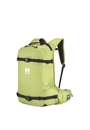 Sac à dos de randonnée Millet vert clair avec bretelles noires réglables, ceintures d'épaule et de taille rembourrées, et logo à l'avant sur fond uni.
