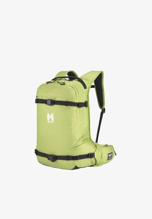Sac à dos de randonnée Millet vert clair avec bretelles noires réglables, ceintures d'épaule et de taille rembourrées, et logo à l'avant sur fond uni.