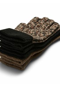 Quattro paia di guanti: un paio leopardato con accenti color tan, nero e arancione, e tre paia solidi neri, marroni e grigio scuro, con polsini a coste.