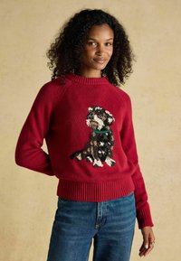 Červený pletený sveter s rebrovanými manžetami a lemom, s multicolor dizajnom psa na prednej strane, v kombinácii s modrými džínsami.
