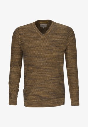 Pull en maille texturée à col en V et manches longues, présentant un mélange de couleurs marron et moutarde avec un ourlet et des poignets côtelés.