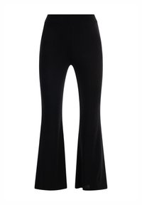 Pantaloni neri a palazzo realizzati in tessuto elasticizzato, con un alto punto vita e una texture liscia, caratterizzati da una silhouette aderente e aperture delle gambe larghe.
