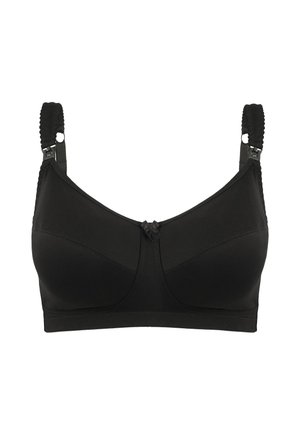 Black non-padded bra featuring a smooth fabric, adjustable straps with textured detailing, and a small bow accent at the center.