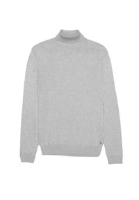 Jasnoszary sweter typu golf wykonanego z miękkiego materiału; posiada długie rękawy, ściągacze oraz małą metkę z logo w lewym dolnym rogu.