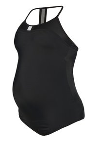 Svart graviditet tankini med en glatt tekstur, med racerback-stropper og grå detaljer. Designet for komfort under svangerskapet.