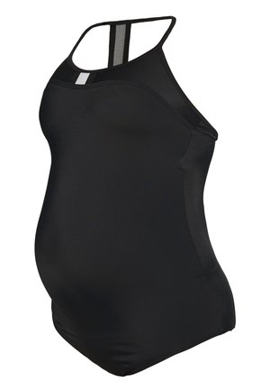 Musta äitiys tankini, jossa on sileä pinta, varustettuna urheilullisilla olkaimilla ja harmailla yksityiskohdilla. Suunniteltu mukavuutta ajatellen raskauden aikana.