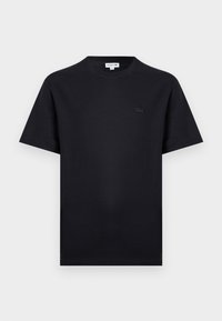 Μαύρο κοντομάνικο μπλουζάκι με στρογγυλή λαιμόκοψη και μικρό τόνο-τονικό λογότυπο κροκοδείλου στο αριστερό στήθος.