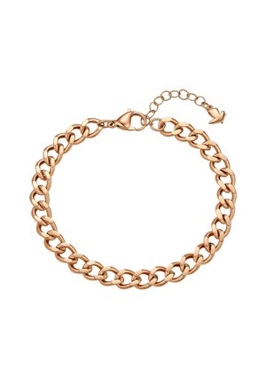 Pulsera de cadena de oro rosa con eslabones planos tipo curb, cierre de langosta y cadena de extensión ajustable que termina en un charm en forma de flecha.