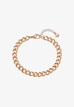 Pulsera de cadena de oro rosa con eslabones planos tipo curb, cierre de langosta y cadena de extensión ajustable que termina en un charm en forma de flecha.