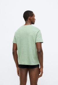 Ανοιχτό πράσινο κοντομάνικο μπλουζάκι με στρογγυλή λαιμόκοψη και υφή υφάσματος, με ίσια τελείωμα και άνετη εφαρμογή, εμφανίζεται από πίσω.