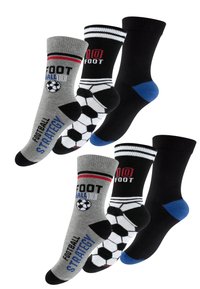 Quattro paia di calzini: grigio con grafica di football, nero con accenti rossi, a righe bianche e nere, nero tinta unita con tallone blu.
