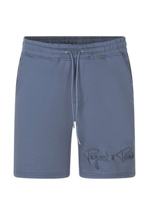 Shorts bleus avec une taille élastique et un cordon de serrage, ornés de broderies "Project x Paris" sur le devant. Texture de tissu lisse.