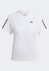 Vit idrottströja i slät tyg, med svarta accenter på axlarna och en liten svart logotyp på bröstet. Kort ärm.