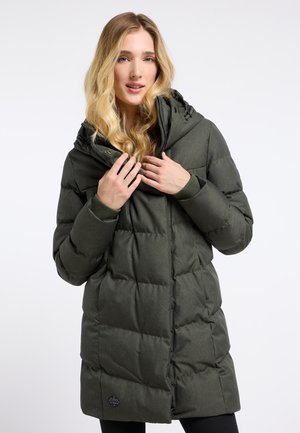 Olive green puffer coat with a hood, featuring a quilted design, zip closure, and ribbed cuffs. Smooth fabric with a subtle sheen.