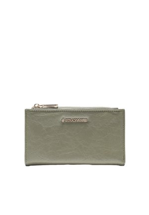 Olivgrüne rechteckige Lederbrieftasche mit goldenem Reißverschluss und kleinem goldenen "Stradivarius"-Logo in der vorderen Mitte.