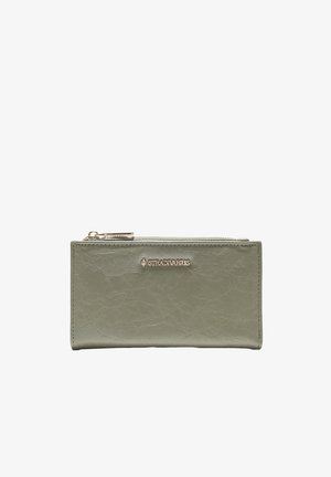 Olivgrüne rechteckige Lederbrieftasche mit goldenem Reißverschluss und kleinem goldenen "Stradivarius"-Logo in der vorderen Mitte.