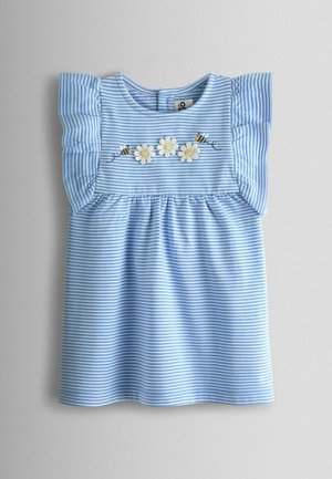 Kék-fehér csíkos rövid ujjú felső fodros ujjakkal, hímzett margaréta és méh mintával a mellrészen.