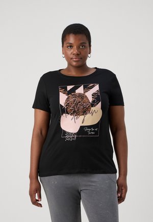 Black t-shirt featuring a graphic print with abstract shapes in pink, brown, and white. Round neckline and short sleeves.