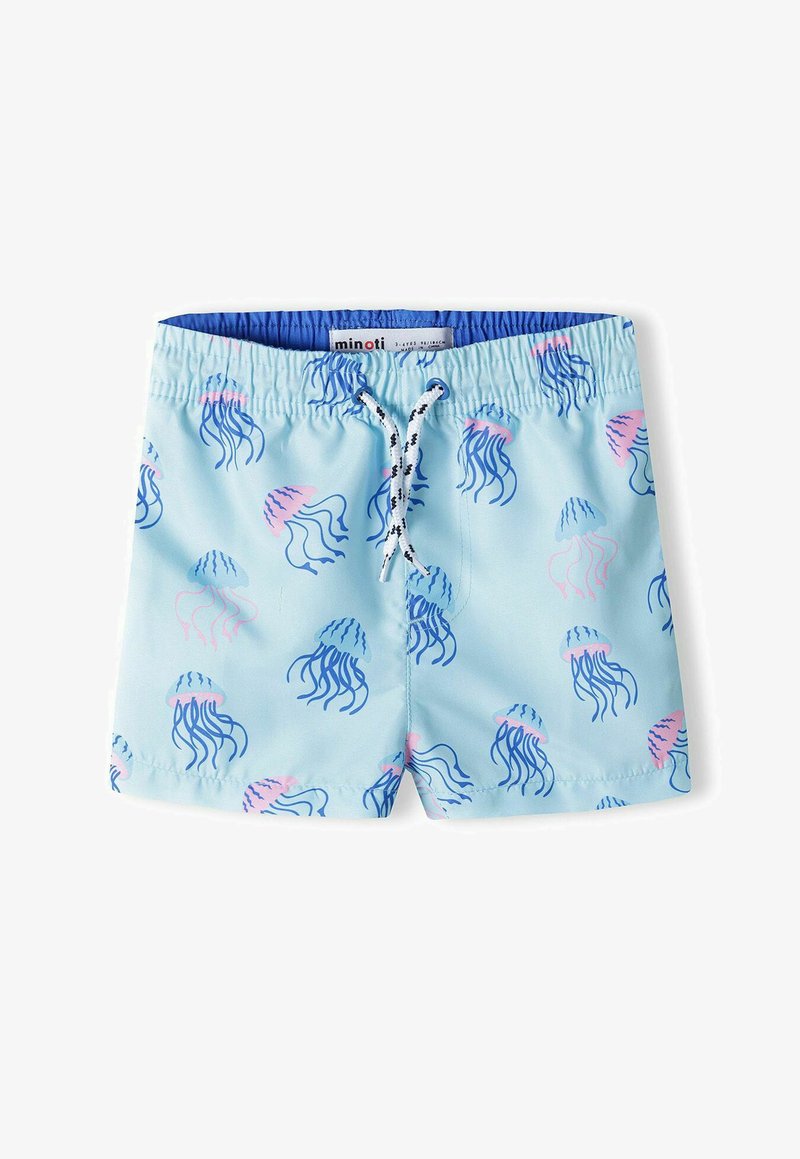 Mėlynos maudymosi šortai su medūzos raštu rožinės ir purpurinės spalvų. Elastinga juosmens juosta su raišteliu, leidžiančia reguliuoti dydį. Minkšta tekstūra.