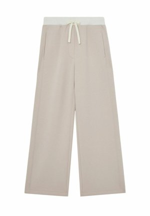 Beežid laia lõikega püksid pehme elastse vöökoha, nööriga paela ja kahe küljetaskuga, sileda tekstuuri ja lihtsa disainiga.