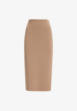 Jupe crayon beige de longueur genou fabriquée en tissu texturé, avec une taille haute et une silhouette ajustée sans fermetures ni motifs visibles.