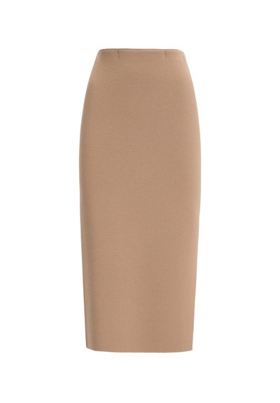 Hame midi, beige, valmistettu teksturoidusta kankaasta, jossa on korkea vyötärö ja kapea siluetti, ilman näkyviä suljettavia osia tai kuvioita.