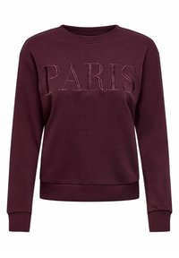 Felpa bordeaux con scollo rotondo e maniche lunghe. Presenta il testo "PARIGI" in rilievo ricamato sulla parte frontale. Tessuto morbido e testurizzato.