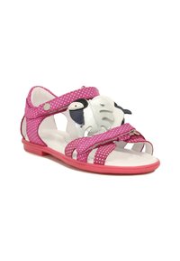 Infradito rosa con pois, punta aperta e un volto animale decorativo. Realizzate in pelle con cinturini regolabili e suola piatta.