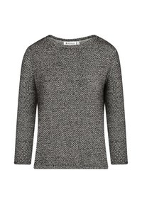 Schwarzer und weißer Hahnentrittmuster-Strickpullover mit rundem Ausschnitt und Dreiviertelärmeln. Weiche Textur und lockere Passform.