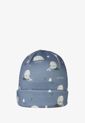 Blue baby beanie with illustrations of white seals, small trees, igloos, and the word "Waterline" scattered around.