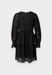 Schwarzes knielanges Kleid mit Spitzenverzierungen, langen puffärmeln, mit Stoff bezogenen Knöpfen auf der Vorderseite und gewelltem Spitzenabschluss an Saum und Ärmeln.