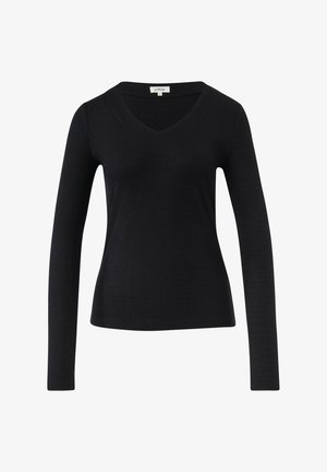 Zwarte, lange mouwen geribbelde trui met een V-hals. Gemaakt van een zacht, gestructureerd materiaal. Aansluitend design met een licht gekromde zoom.