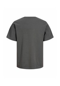 Σκούρο γκρι βαμβακερό T-shirt με κοντά μανίκια που απεικονίζεται από πίσω με στρογγυλή λαιμόκοψη και ίσιο στρίφωμα.