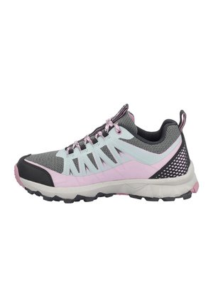 Zapatilla deportiva rosa claro y gris con malla negra, suela blanca y diseño con cordones, mostrada de lado sobre un fondo blanco.