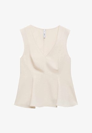 Krämfärgad ärmlös topp med djup V-ringning, peplumdesign, slät textur och inga synliga knappar eller mönster.