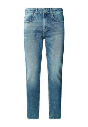 Jeans din denim bleu deschis cu un design drept, având un stil cu cinci buzunare, închidere cu nasture și o subtilă decolorare pe țesătură.