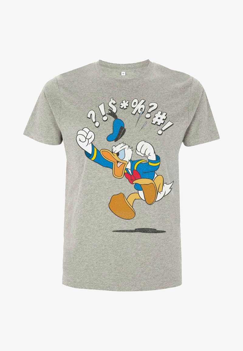 T-shirt in cotone grigio con un'illustrazione colorata di un'anatra antropomorfa che indossa un completo blu, un papillon rosso e gesti espressivi.
