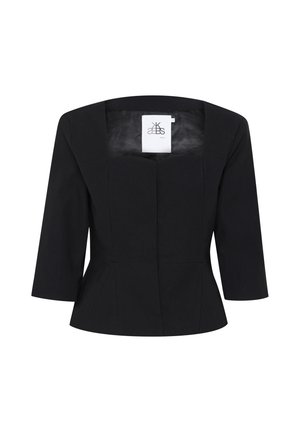 Veste noire raccourcie avec un décolleté carré, des manches trois-quarts et des coutures structurées, avec une étiquette à l'intérieur au centre du dos.