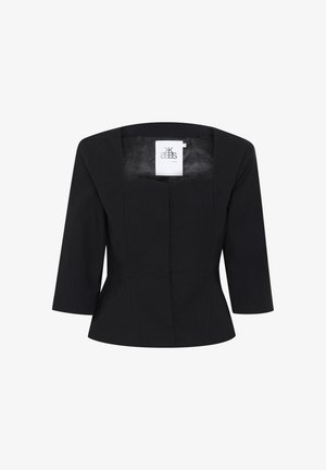 Black cropped jacket with a square neckline, three-quarter sleeves, and structured seams, featuring a tag inside at the center back.