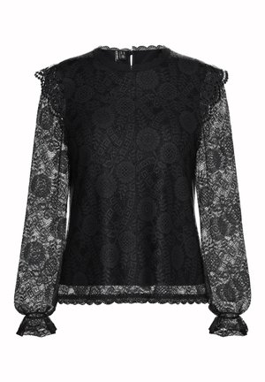 Melna mežģīņu blūze ar garām caurspīdīgām piedurknēm, ziedu rakstiem, viļņotu kakla izgriezumu un savilktiem piegriezumiem. Ķermenis ir izklāts, lai nodrošinātu necaurredzamību.