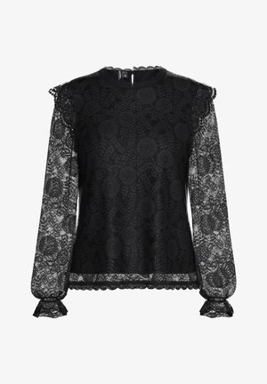 Černý krajkový top s dlouhými průhlednými rukávy, květinovými vzory, scalloped výstřihem a nařasenými manžetami. Tělo je podšité pro neprostupnost.