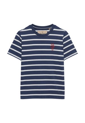 Camiseta de manga corta a rayas en azul marino y blanco con un escote redondo y un logotipo bordado en rojo en el pecho. Material de algodón suave.