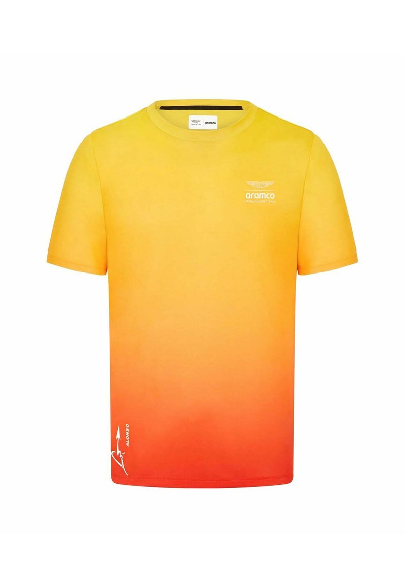 T-shirt z krótkim rękawem w gradientzie żółtego do pomarańczowego, z okrągłym dekoltem, subtelnym logo i gładką fakturą.