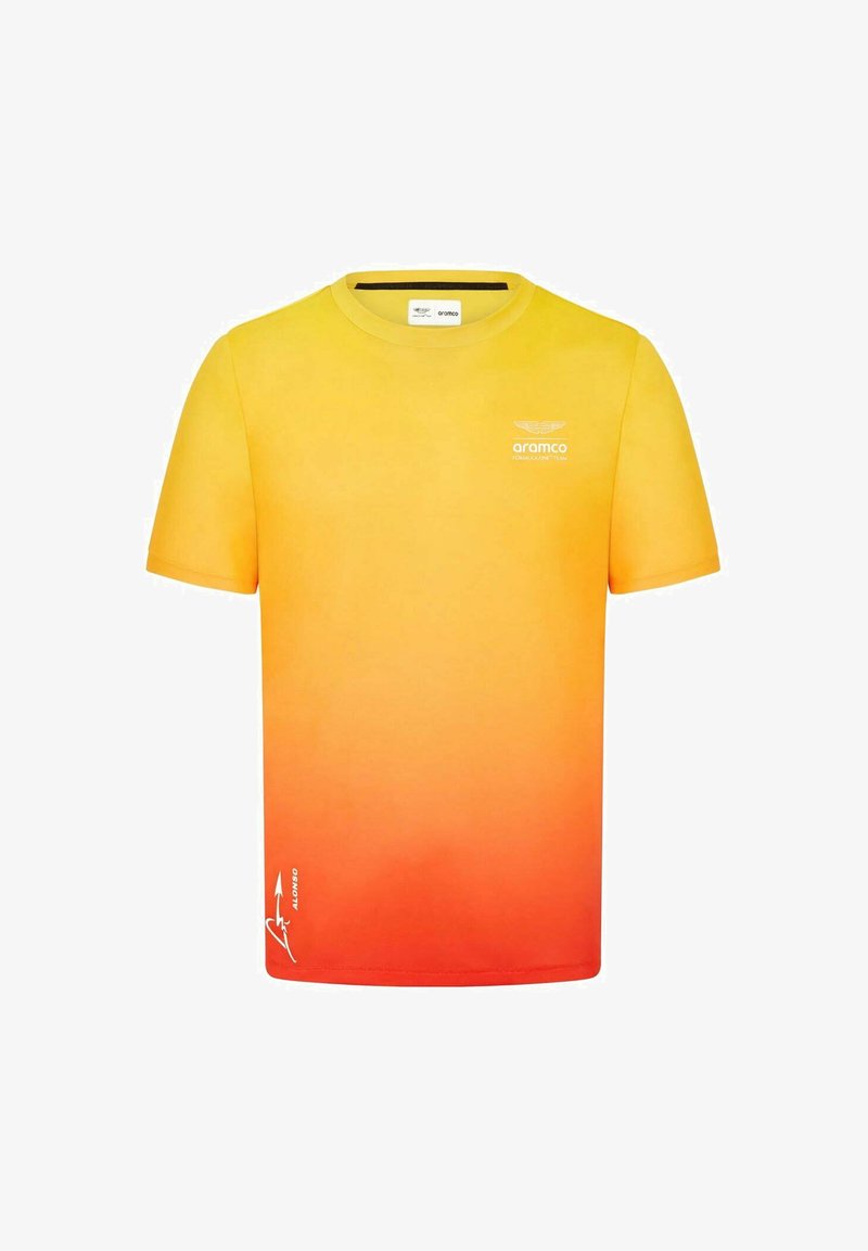 T-shirt z krótkim rękawem w gradientzie żółtego do pomarańczowego, z okrągłym dekoltem, subtelnym logo i gładką fakturą.