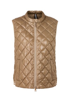 Quilted, sleeveless vest in light brown, featuring a high collar and front zipper. Textured, shiny fabric with side pockets.